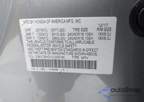 2018 Acura Mdx z USA, uszkodzony, nr VIN 5J8YD4H31JL006145